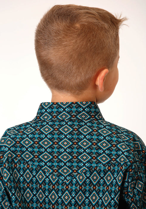 Roper Boys Kids Black/Green 100% Cotton Diamond Aztec L/S Shirt