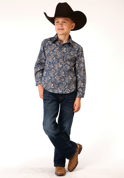 Roper Boys Kids Blue 100% Cotton River Paisley L/S Shirt