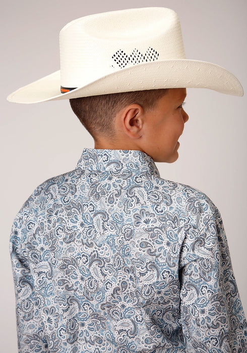 Roper Boys Kids Blue 100% Cotton Vintage Paisley L/S Snap Shirt