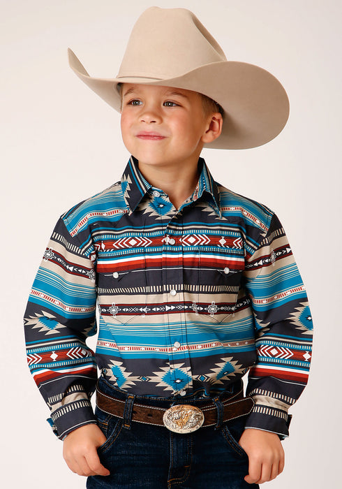 Roper Boys Kids Blue 100% Cotton Aztec Blanket Print L/S Shirt