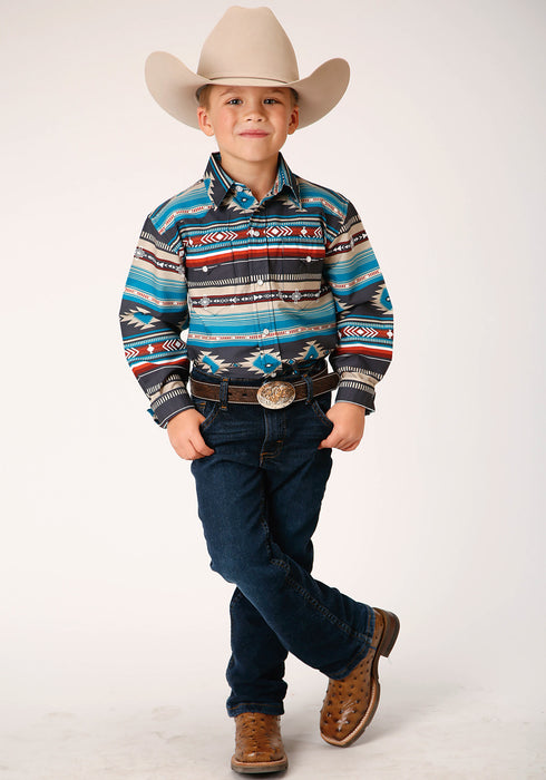 Roper Boys Kids Blue 100% Cotton Aztec Blanket Print L/S Shirt