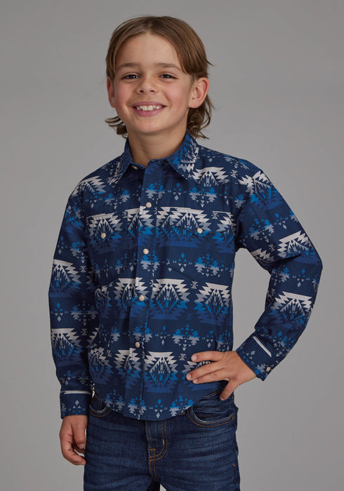 Roper Kids Boys Ombre Aztec Blue 100% Cotton L/S Shirt