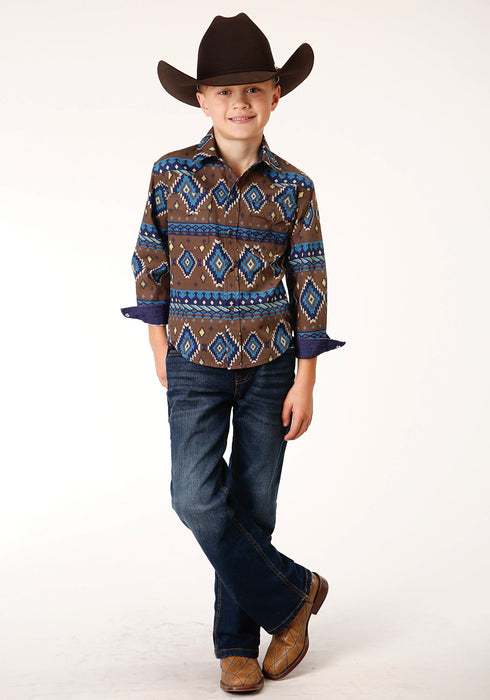 Roper Boys Kids Brown 100% Cotton Chocolate Aztec L/S Shirt