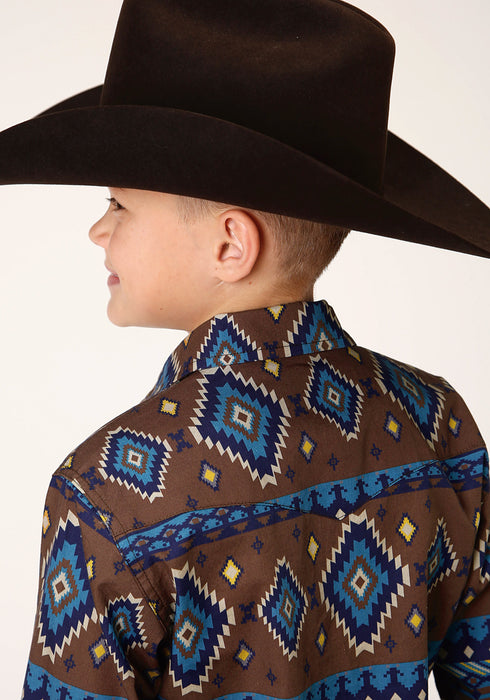 Roper Boys Kids Brown 100% Cotton Chocolate Aztec L/S Shirt