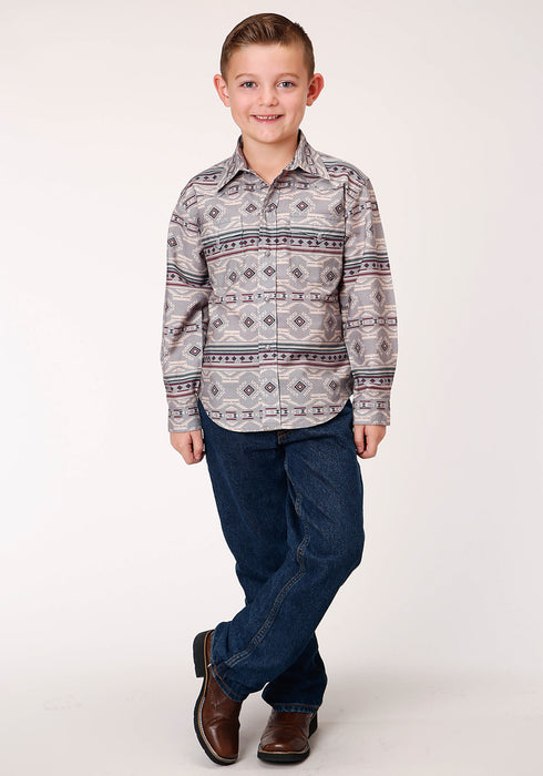 Roper Boys Kids Grey 100% Cotton Blanket Aztec L/S Shirt