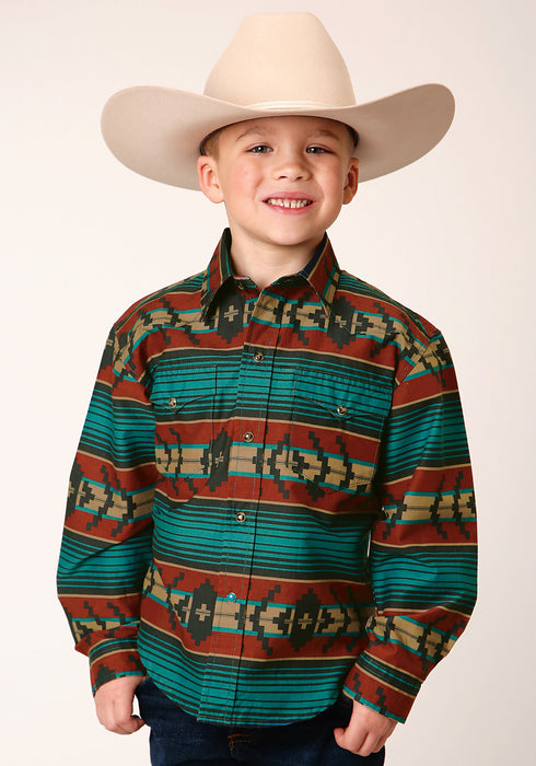 Roper Boys Kids Green/Brown 100% Cotton Ombre Aztec L/S Stripe Shirt