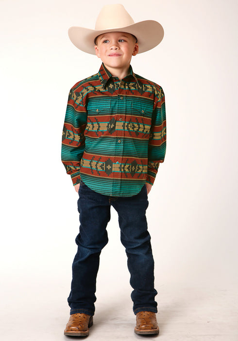 Roper Boys Kids Green/Brown 100% Cotton Ombre Aztec L/S Stripe Shirt