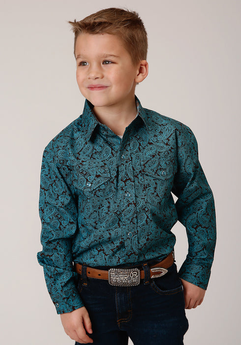 Roper Boys Kids Turquoise 100% Cotton Agave Paisley L/S Shirt