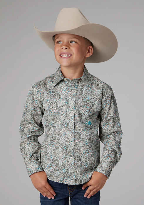 Roper Kids Boys 2022 Sand Dune Paisley Khaki 100% Cotton L/S Shirt