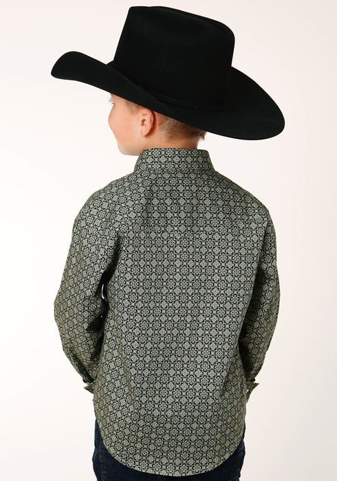 Roper Boys Kids Green 100% Cotton Forest Foulard L/S Shirt