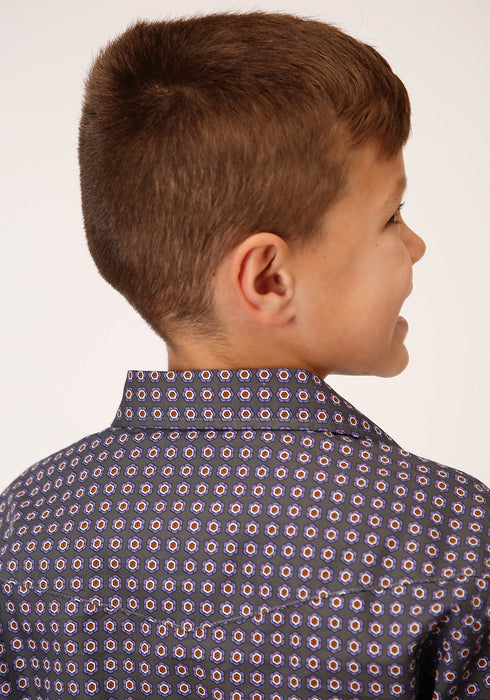 Roper Boys Kids Grey 100% Cotton Plum Foulard L/S Shirt