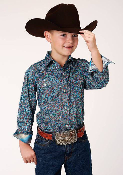 Roper Boys Kids Blue 100% Cotton Canyon Paisley L/S Shirt