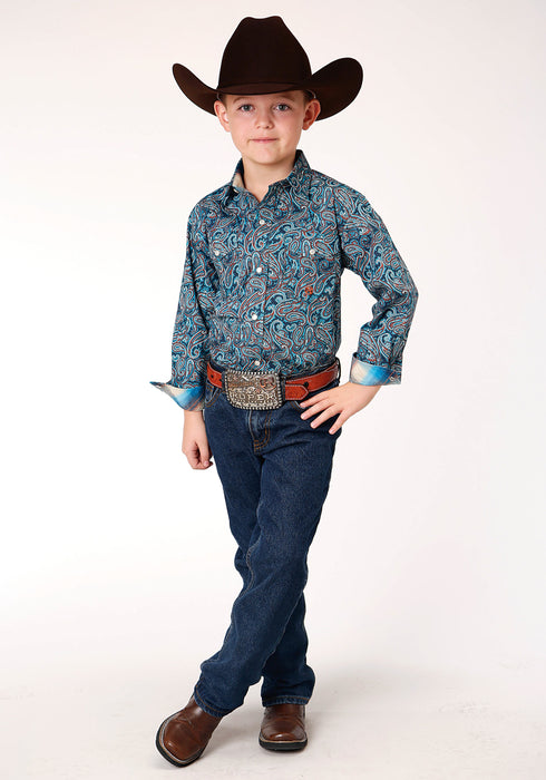 Roper Boys Kids Blue 100% Cotton Canyon Paisley L/S Shirt