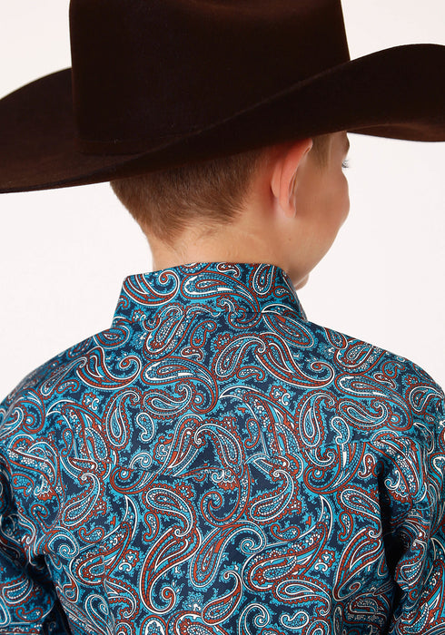 Roper Boys Kids Blue 100% Cotton Canyon Paisley L/S Shirt