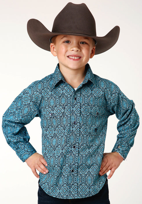 Roper Boys Kids Turquoise 100% Cotton Medallion Paisley L/S Shirt