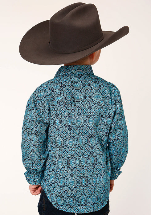 Roper Boys Kids Turquoise 100% Cotton Medallion Paisley L/S Shirt