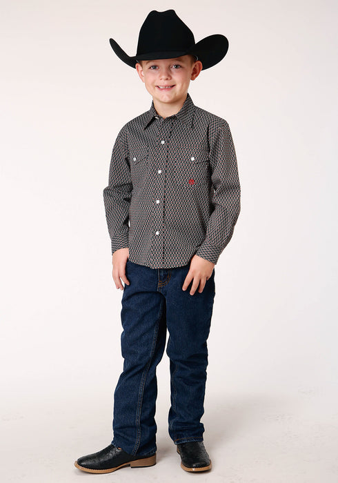 Roper Boys Kids Olive Cotton Blend Diamond Neat L/S Shirt