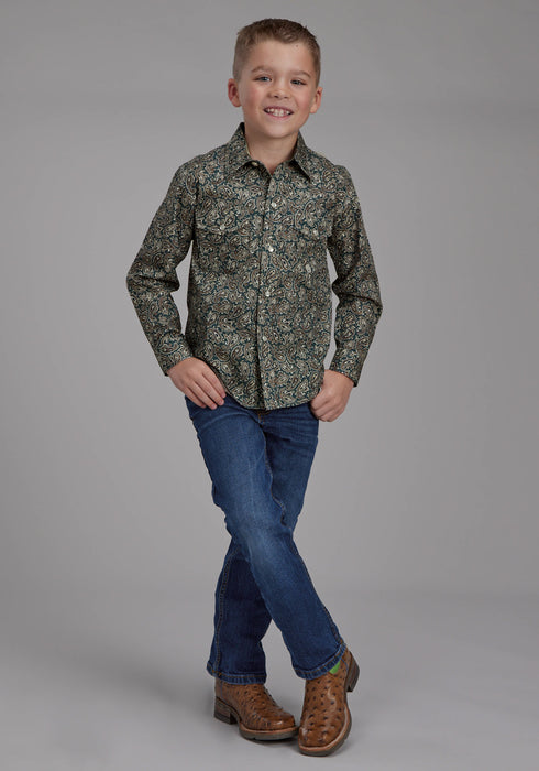 Roper Kids Boys Oak Paisley Brown 100% Cotton L/S Shirt