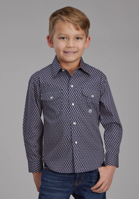 Roper Kids Boys Diamond Eye Geo Blue 100% Cotton L/S Shirt