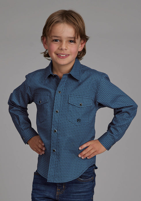 Roper Kids Boys Stretch Diamond Blue Cotton Blend L/S Shirt