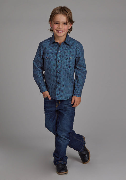 Roper Kids Boys Stretch Diamond Blue Cotton Blend L/S Shirt