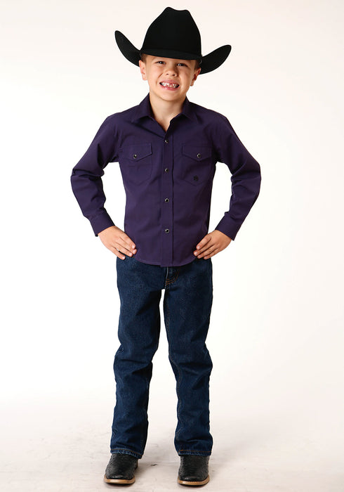 Roper Boys Kids Purple 100% Cotton Solid Black Fill L/S Shirt