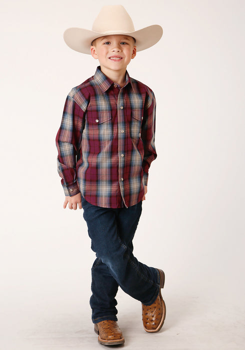 Roper Boys Kids Wine 100% Cotton Plaid L/S Shirt