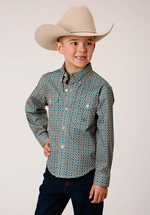 Roper Boys Teal 100% Cotton Button Foulard BD L/S Shirt