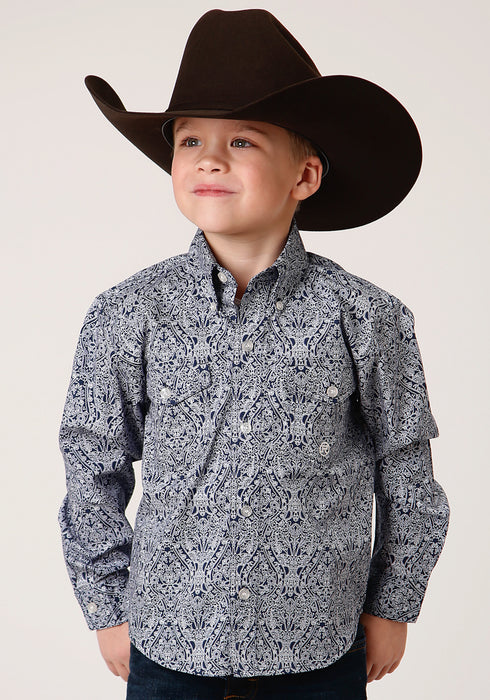 Roper Boys Kids Blue 100% Cotton Crystal Medallion BD L/S Shirt