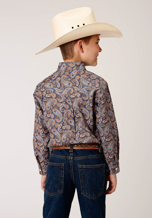 Roper Boys Kids Blue 100% Cotton Country Paisley BD L/S Button Shirt