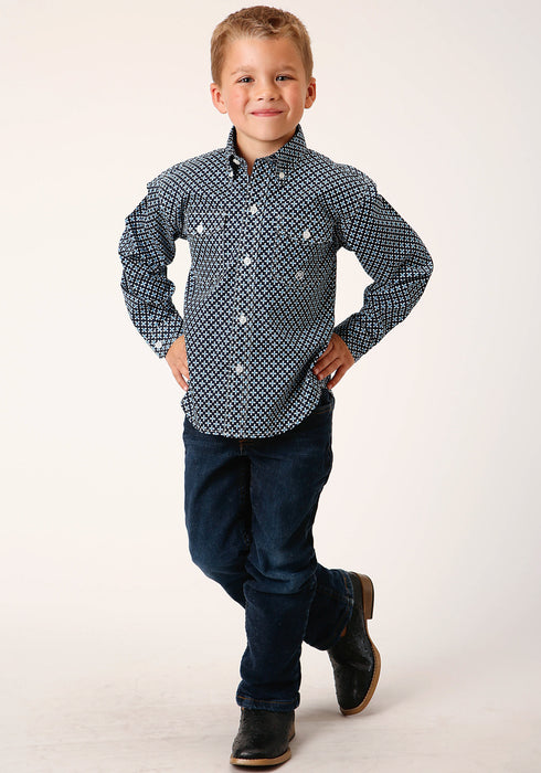 Roper Boys Kids Blue 100% Cotton Four Leaf Foulard BD L/S Button Shirt