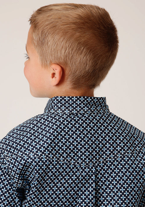 Roper Boys Kids Blue 100% Cotton Four Leaf Foulard BD L/S Button Shirt