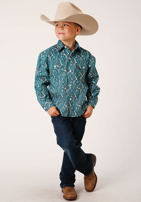 Roper Boys Kids Turquoise 100% Cotton Upstream Paisley BD L/S Btn Shirt