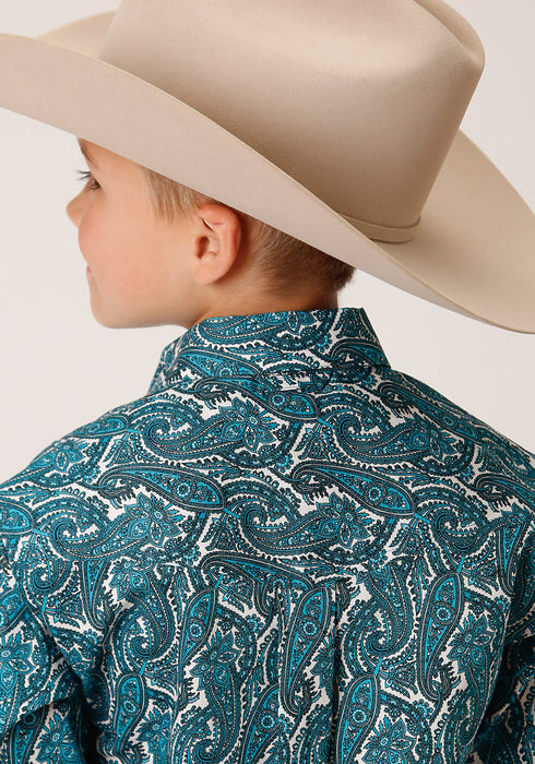 Roper Boys Kids Turquoise 100% Cotton Upstream Paisley BD L/S Btn Shirt