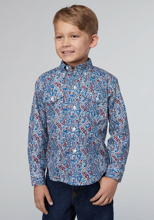 Roper Kids Boys 2024 River Paisley Blue 100% Cotton L/S Shirt