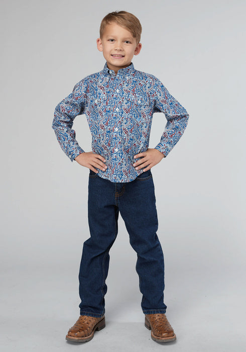 Roper Kids Boys 2024 River Paisley Blue 100% Cotton L/S Shirt