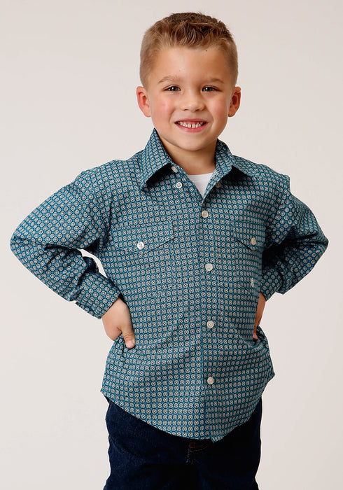 Roper Boys Kids Blue 100% Cotton Azure Neat BD L/S Button Shirt