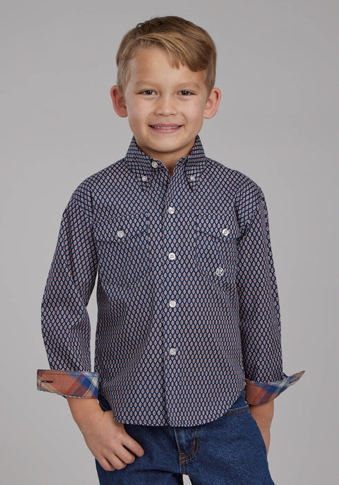 Roper Kids Boys Diamond Eye Geo Blue 100% Cotton Btn L/S Shirt