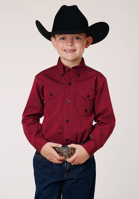 Roper Boys Kids Solid Red 100% Cotton Black Fill BD L/S Button Shirt