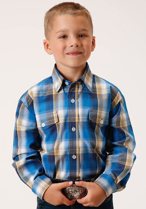 Roper Boys Kids Blue 100% Cotton Clear Sky Plaid BD L/S Button Shirt