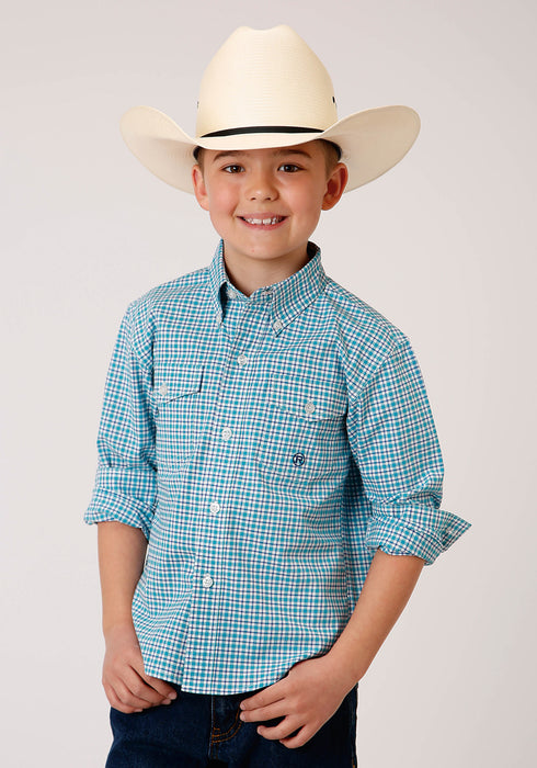 Roper Boys Kids Turquoise Cotton Blend Stretch Check BD L/S Button Shirt