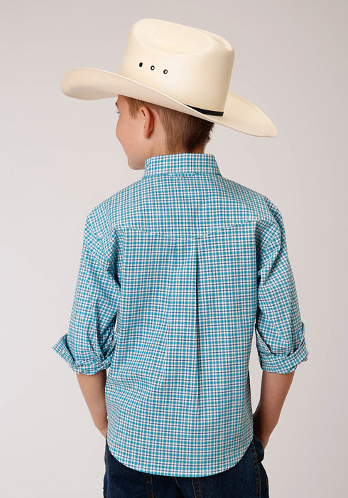 Roper Boys Kids Turquoise Cotton Blend Stretch Check BD L/S Button Shirt