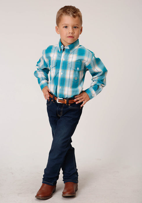 Roper Boys Kids Turquoise 100% Cotton Sand Ombre Plaid BD L/S Shirt