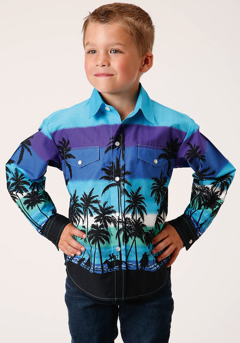 Roper Boys Kids Blue 100% Cotton Beach Roundup Border L/S Shirt