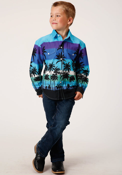 Roper Boys Kids Blue 100% Cotton Beach Roundup Border L/S Shirt