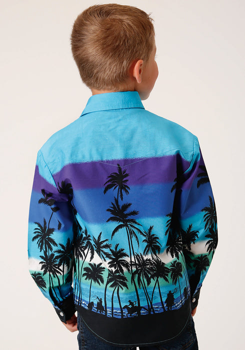 Roper Boys Kids Blue 100% Cotton Beach Roundup Border L/S Shirt