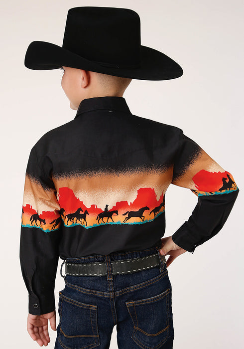 Roper Boys Kids Black 100% Cotton Red Mesa Scenic L/S Shirt