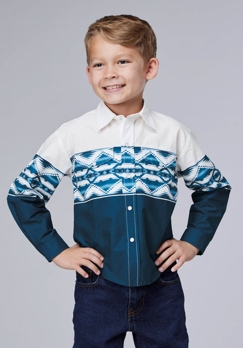 Roper Kids Boys Aztec Border Blue/White 100% Cotton L/S Shirt