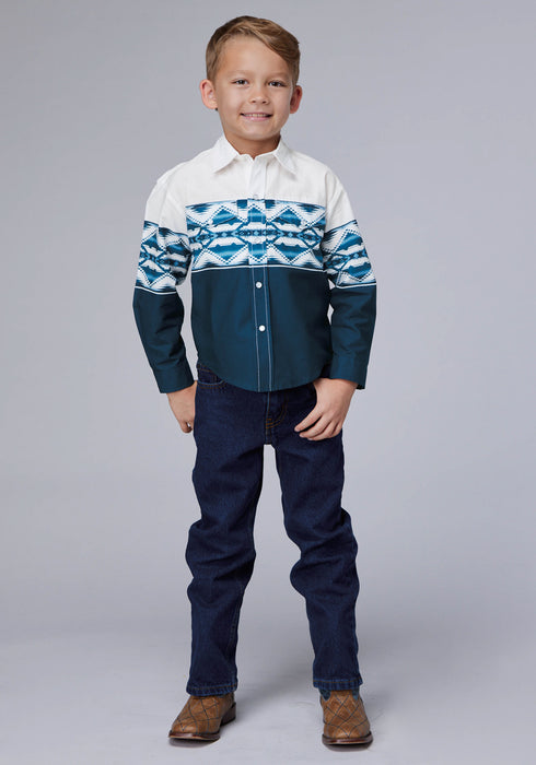 Roper Kids Boys Aztec Border Blue/White 100% Cotton L/S Shirt