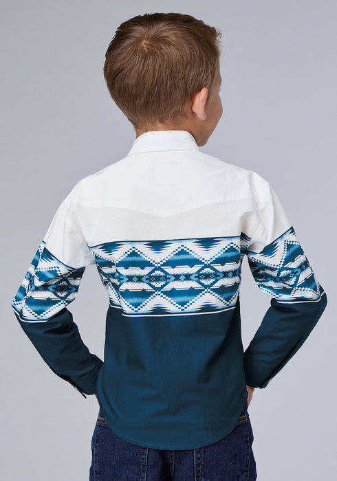 Roper Kids Boys Aztec Border Blue/White 100% Cotton L/S Shirt